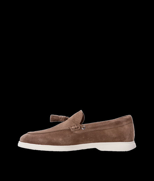 Suede Slip-on Loafers with Tassel Trim - Beige