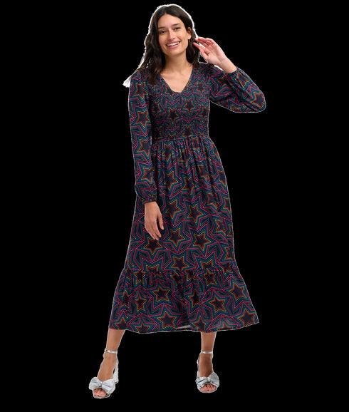 Amberly Rainbow Star Midi Smock Dress - Multi