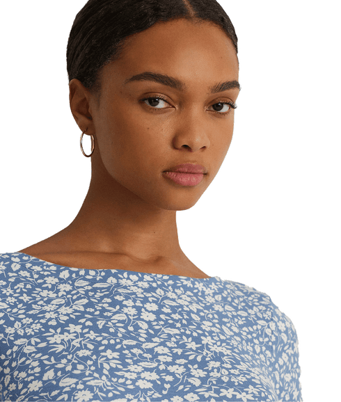 Floral Stretch Cotton Boatneck Tee - Blue