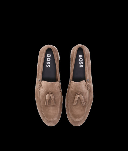 Suede Slip-on Loafers with Tassel Trim - Beige