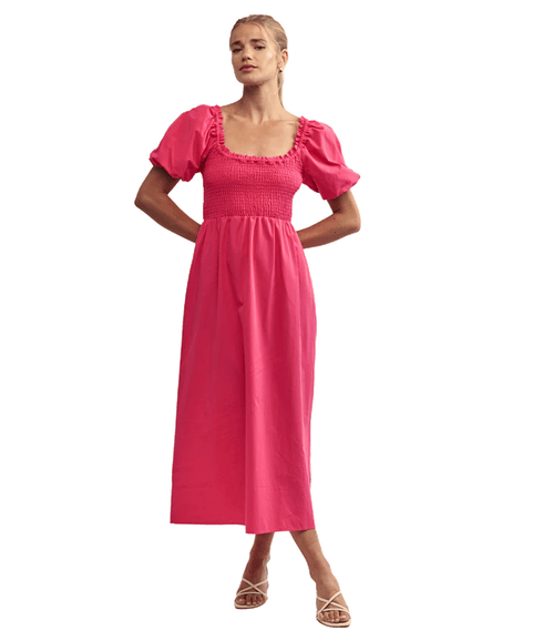 Puff Sleeve Beau Midi Dress - Pink