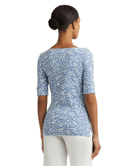 Floral Stretch Cotton Boatneck Tee - Blue
