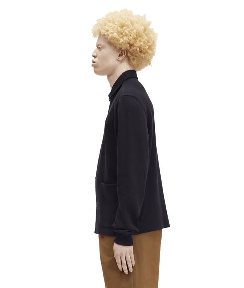 Button Through Long Sleeve Polo Shirt - Navy