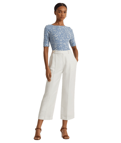 Floral Stretch Cotton Boatneck Tee - Blue