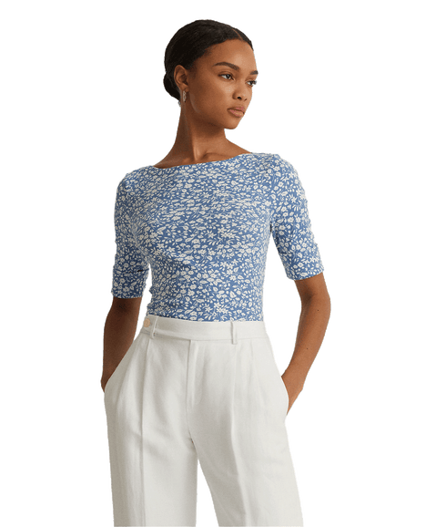 Floral Stretch Cotton Boatneck Tee - Blue