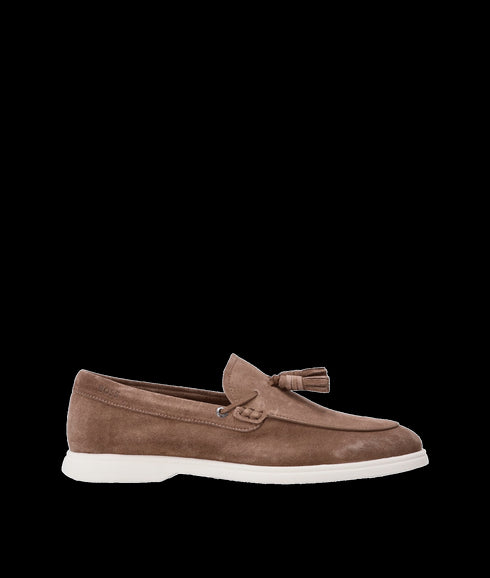 Suede Slip-on Loafers with Tassel Trim - Beige