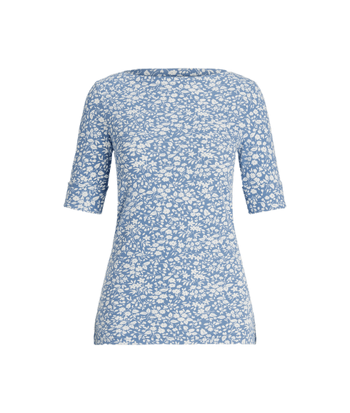 Floral Stretch Cotton Boatneck Tee - Blue