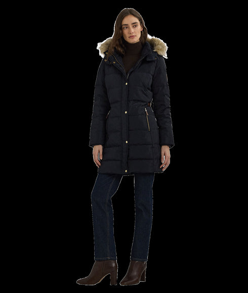 Faux-fur-trim Hooded Down Coat - Navy