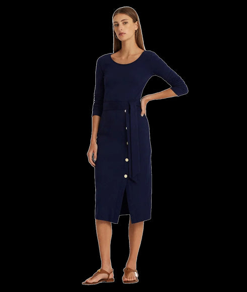 Belted Navy Rib-Knit Dress - Navy