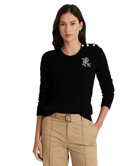 Button-Trim Cable-Knit Cotton Jumper - Black