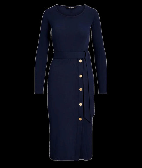 Belted Navy Rib-Knit Dress - Navy