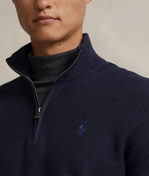 Mesh-Knit Cotton Quarter-Zip Jumper - Navy