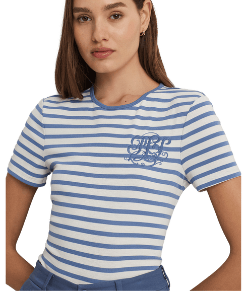 Striped Stretch Cotton Crewneck Tee - Blue
