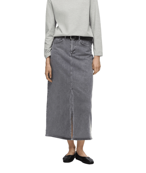 Denim Midi Skirt - Grey