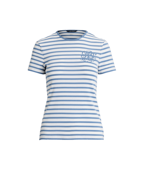 Striped Stretch Cotton Crewneck Tee - Blue