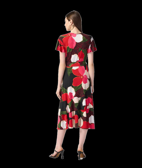 Floral Print Silky Knit Flowy Wrap Dress - Multi