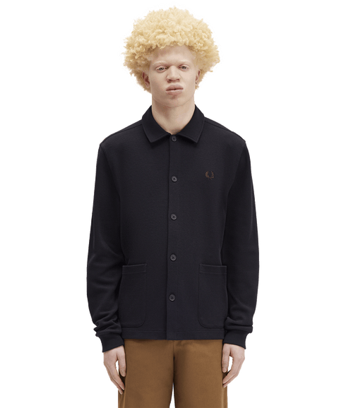 Button Through Long Sleeve Polo Shirt - Navy