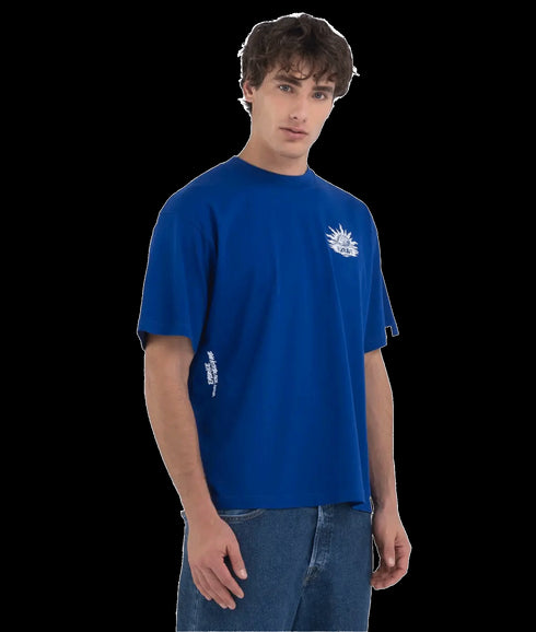 Genderless Crew-neck T-shirt With 9zero1 Logo and Graphic Prints - Blue
