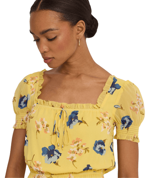 Floral Georgette Puff-sleeve Midi Dress - Yellow