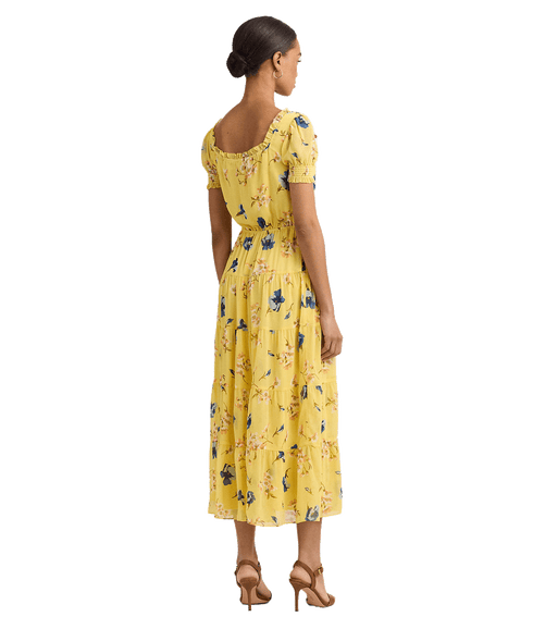 Floral Georgette Puff-sleeve Midi Dress - Yellow