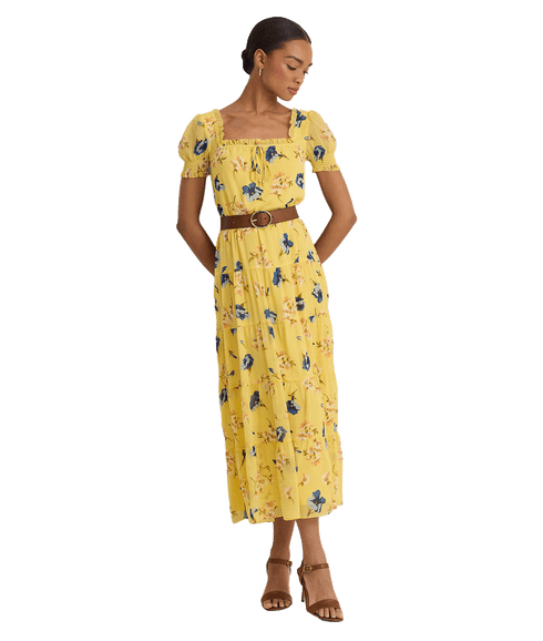 Floral Georgette Puff-sleeve Midi Dress - Yellow