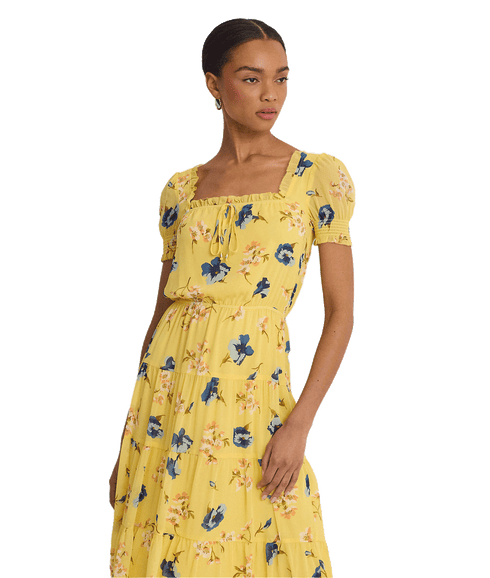 Floral Georgette Puff-sleeve Midi Dress - Yellow