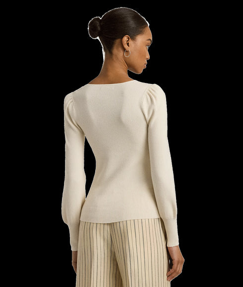 Rib-knit Puff-sleeve Sweater - Cream