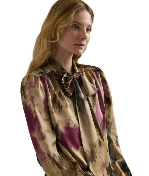 Floral Satin Charmeuse Tie-neck Blouse - Multi
