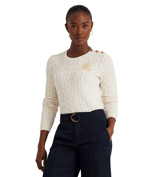 Button-trim Cable-knit Cotton Sweater - Cream
