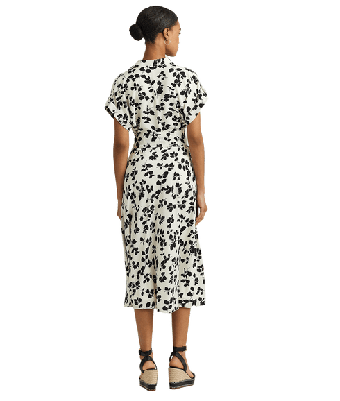 Leaf-print Belted Crepe Dress - Cream