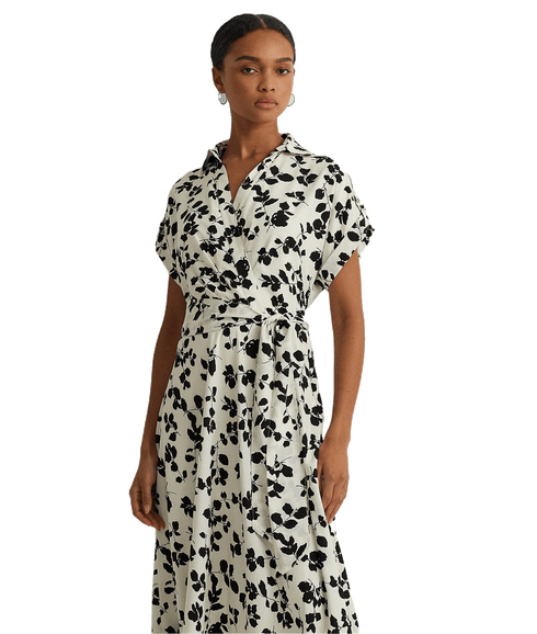 Leaf-print Belted Crepe Dress - Cream