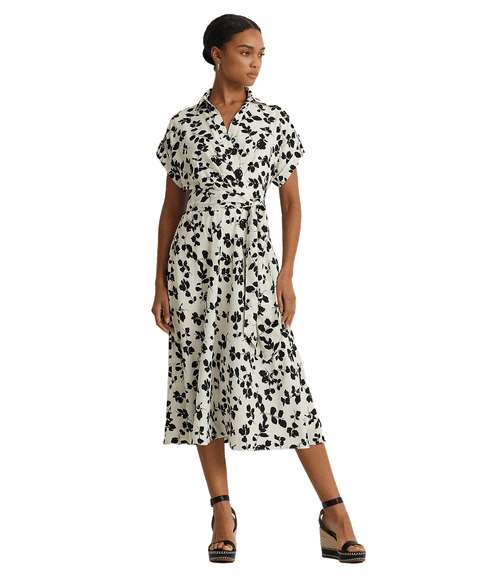 Leaf-print Belted Crepe Dress - Cream