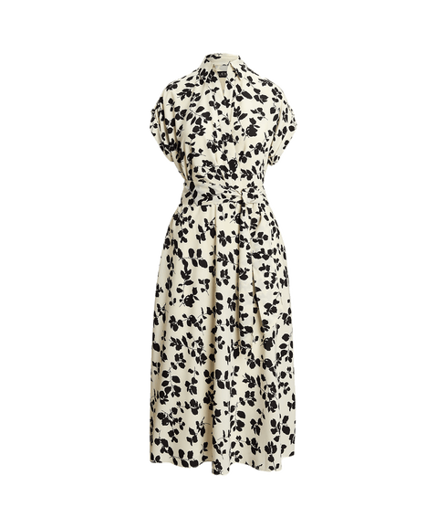 Leaf-print Belted Crepe Dress - Cream