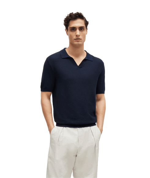 Cotton-blend Polo Sweater With Open Collar - Navy