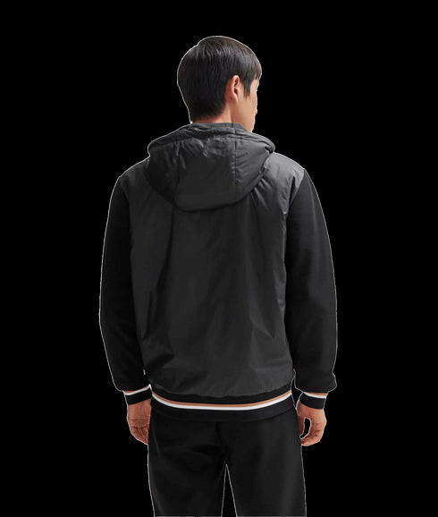 Mixed-material Zip-up Hoodie With Signature-stripe Trims - Black
