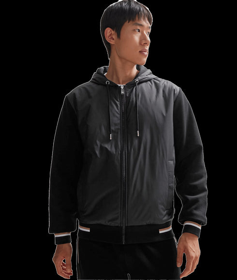 Mixed-material Zip-up Hoodie With Signature-stripe Trims - Black