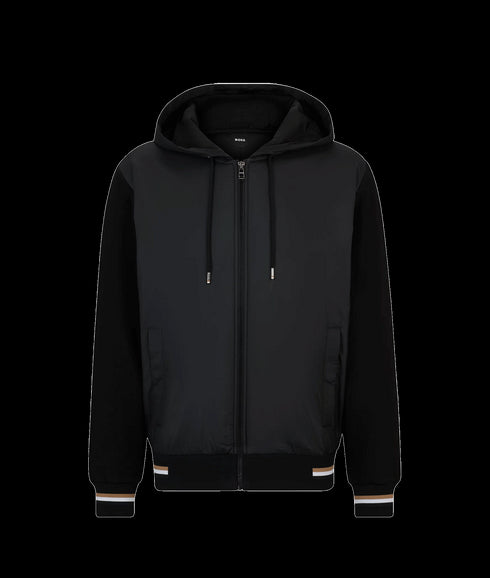 Mixed-material Zip-up Hoodie With Signature-stripe Trims - Black