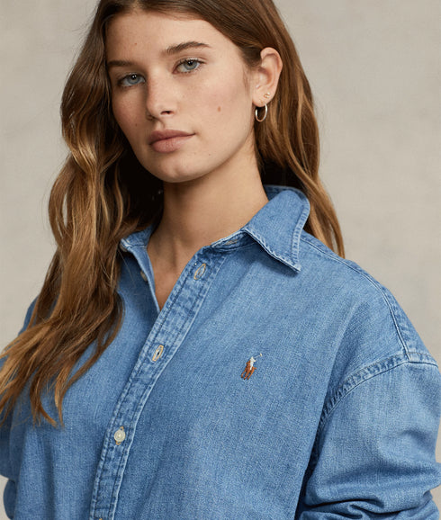 Cropped Boxy Denim Shirt - Blue