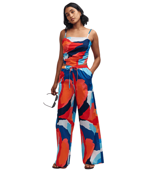 Abstract Print Wide Leg Drawstring Beach Trousers - Multi