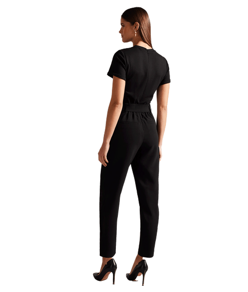 High Waisted Belted Cargo Jumpsuit - Black