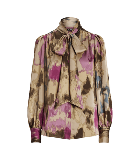 Floral Satin Charmeuse Tie-neck Blouse - Multi