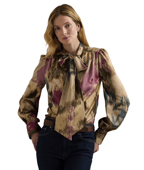 Floral Satin Charmeuse Tie-neck Blouse - Multi