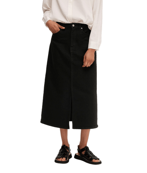 Black Denim Midi Skirt - Black