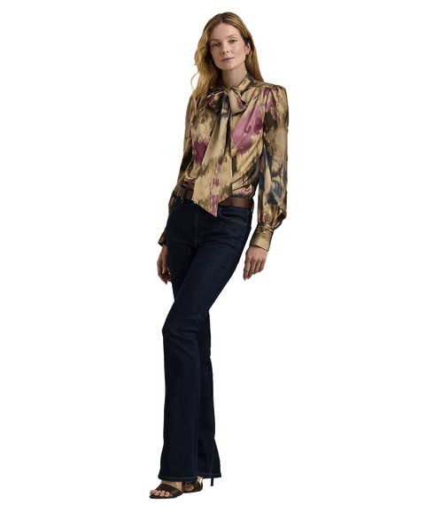 Floral Satin Charmeuse Tie-neck Blouse - Multi