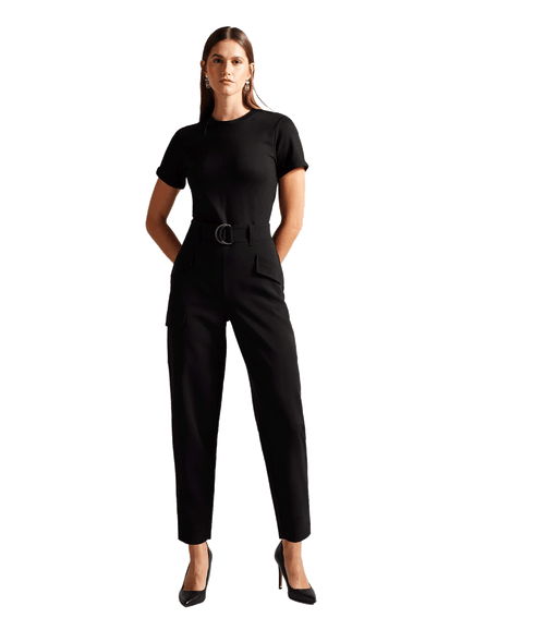 High Waisted Belted Cargo Jumpsuit - Black