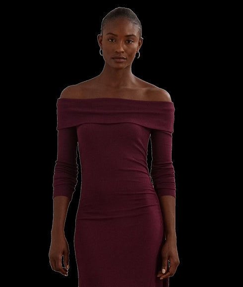 Rib-knit Off-the-shoulder Midi Dress - Red