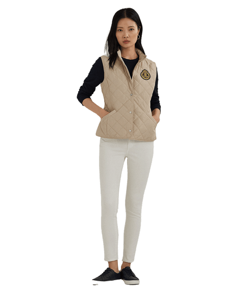 Crest-patch Quilted Mockneck Vest - Beige