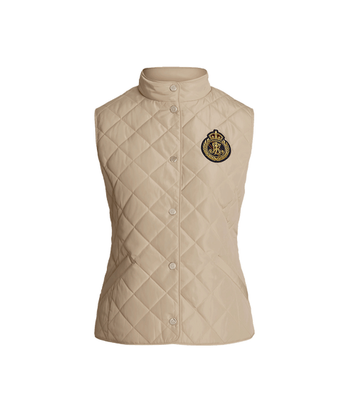 Crest-patch Quilted Mockneck Vest - Beige