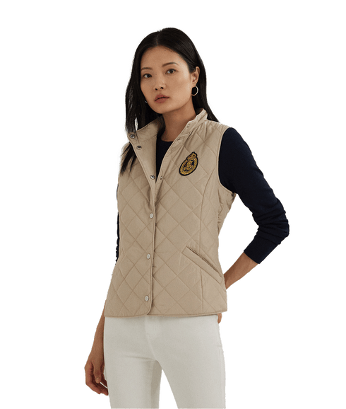 Crest-patch Quilted Mockneck Vest - Beige