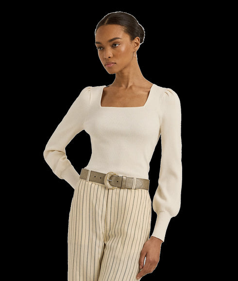 Rib-knit Puff-sleeve Sweater - Cream